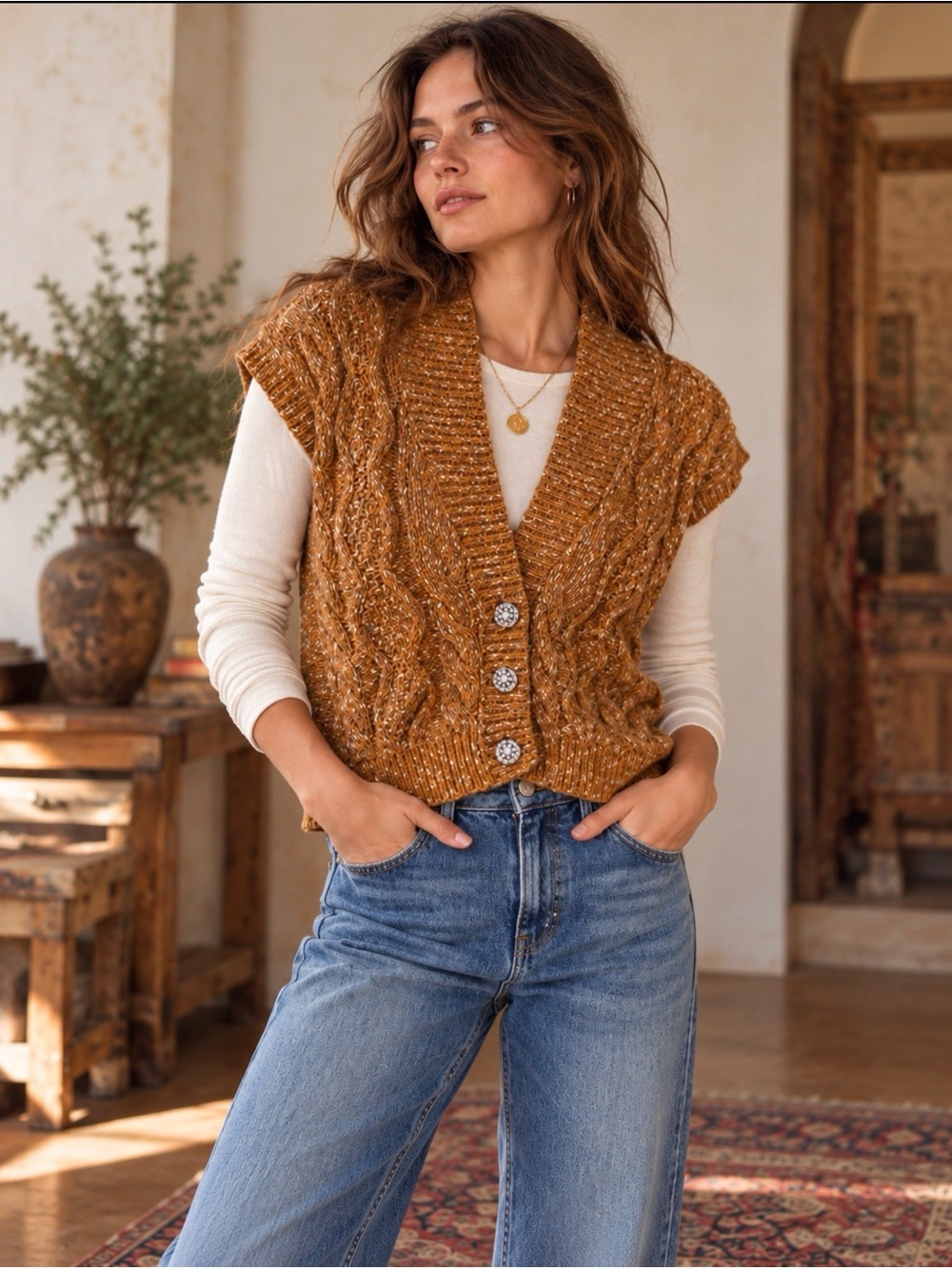 Cropped Cable Knit 3 Button-Front oversized Sweater Vest - Mustard